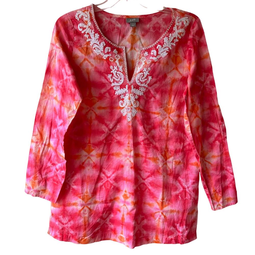 J. Jill Tunic Blouse Top Tie Dye Beaded Embroidered Long Sleeve Pink Small Boho
